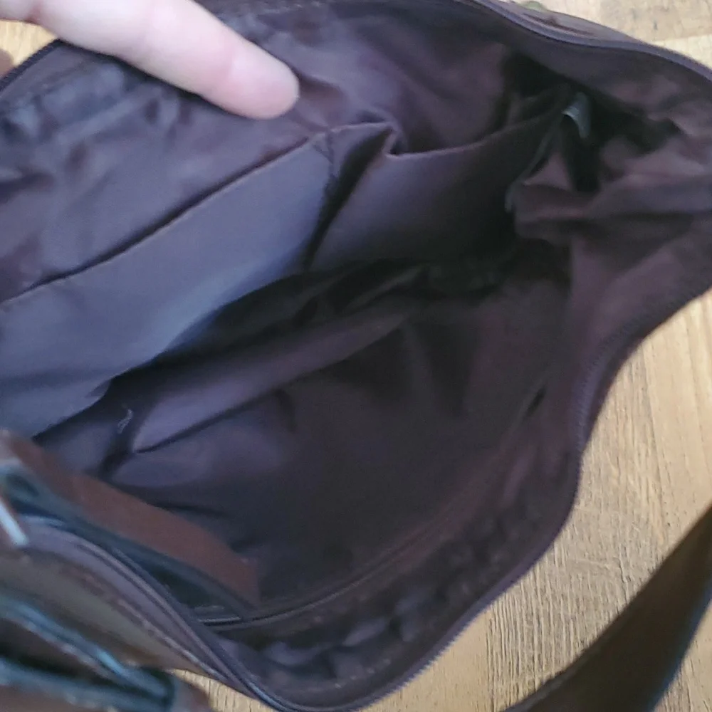 Vintage Brown Hobo Purse with‎ Turquoise Floral Embroidered Cutouts and Studs